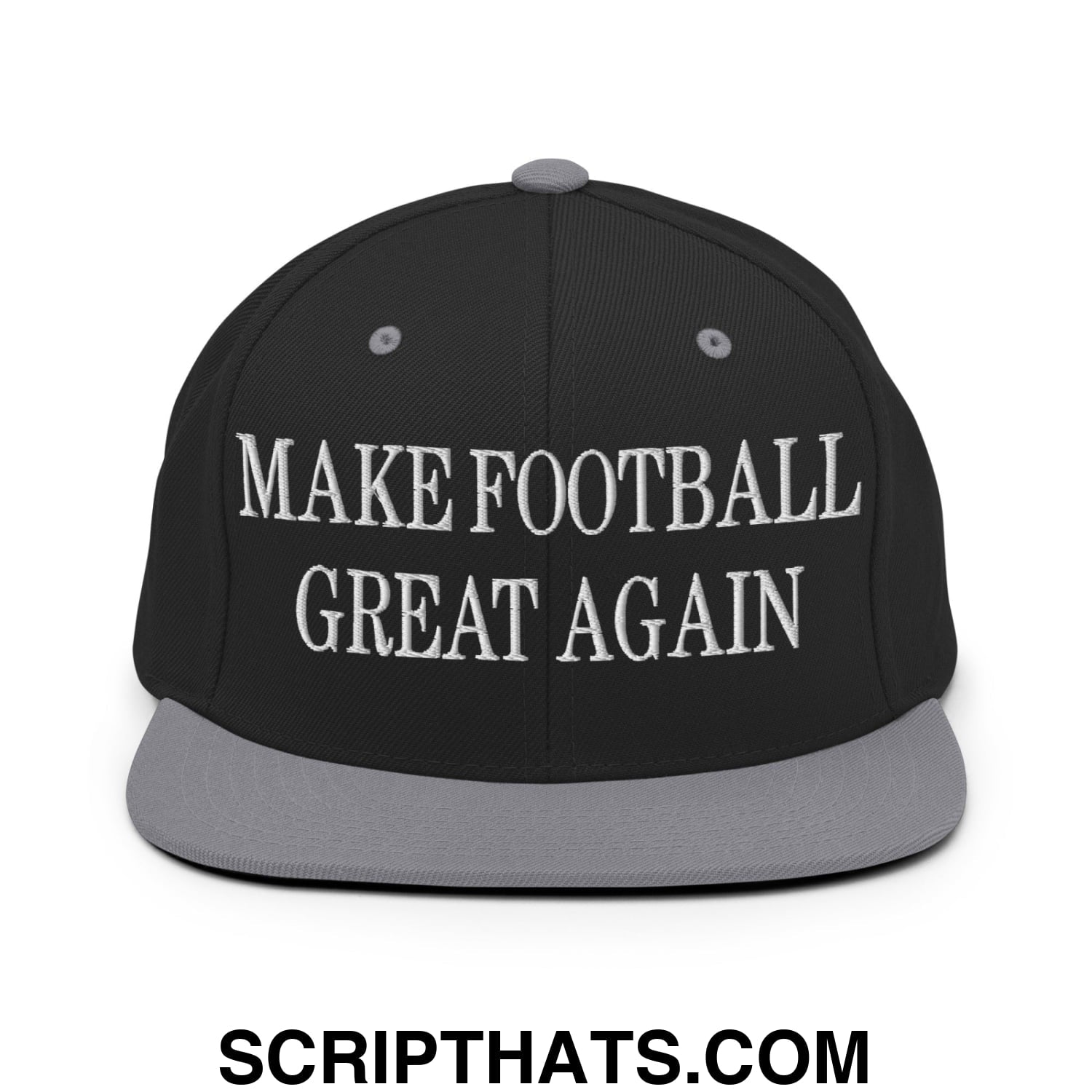 Black snapback cap with gray brim and white embroidered make football great again text on front panel