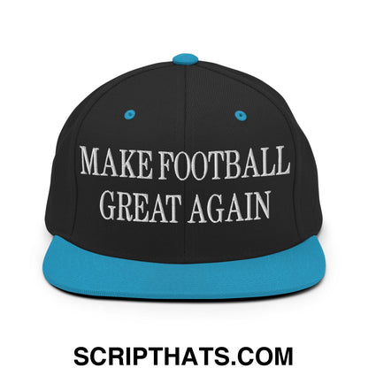 Black snapback hat with teal flat brim and button featuring white embroidered make football great again text