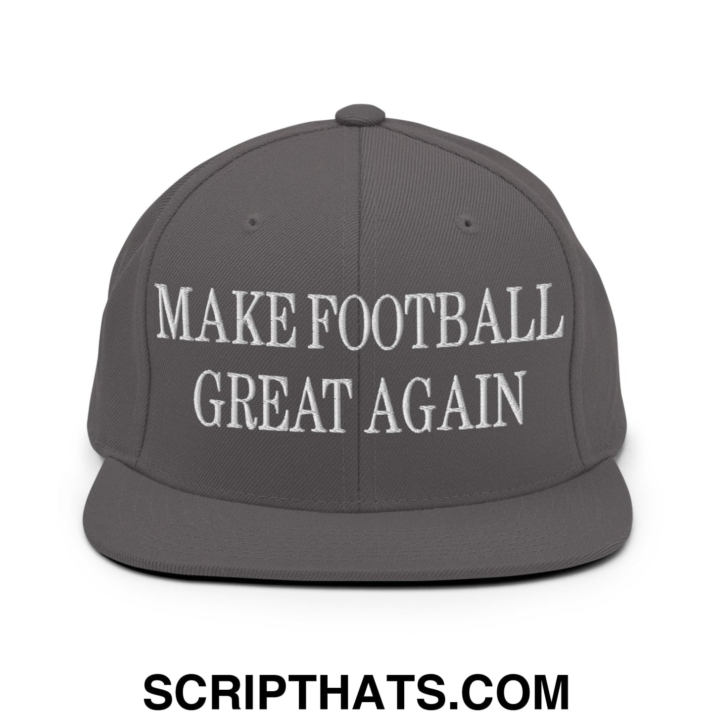 Gray snapback cap with white embroidered make football great again text and flat bill brim for casual wear