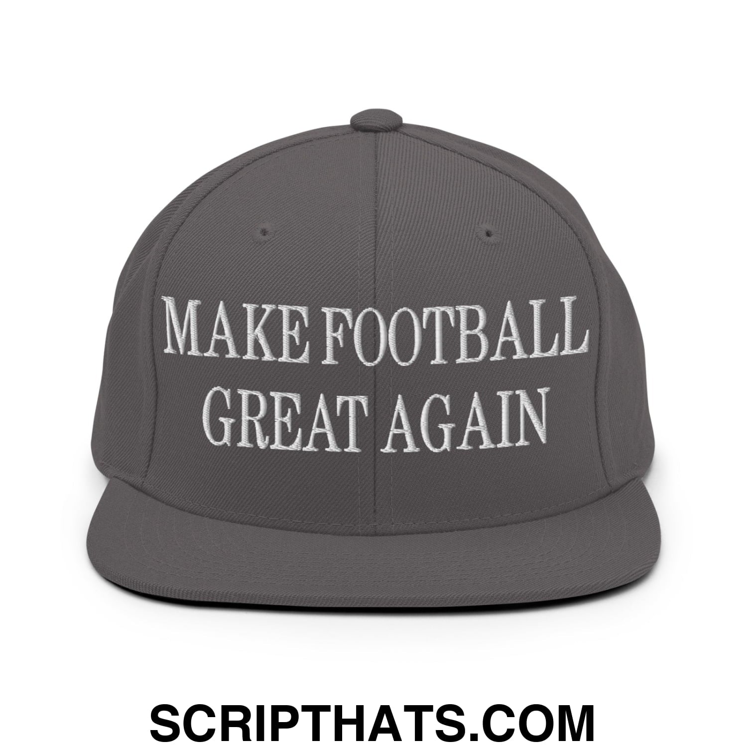 Gray snapback cap with white embroidered make football great again text and flat bill brim for casual wear