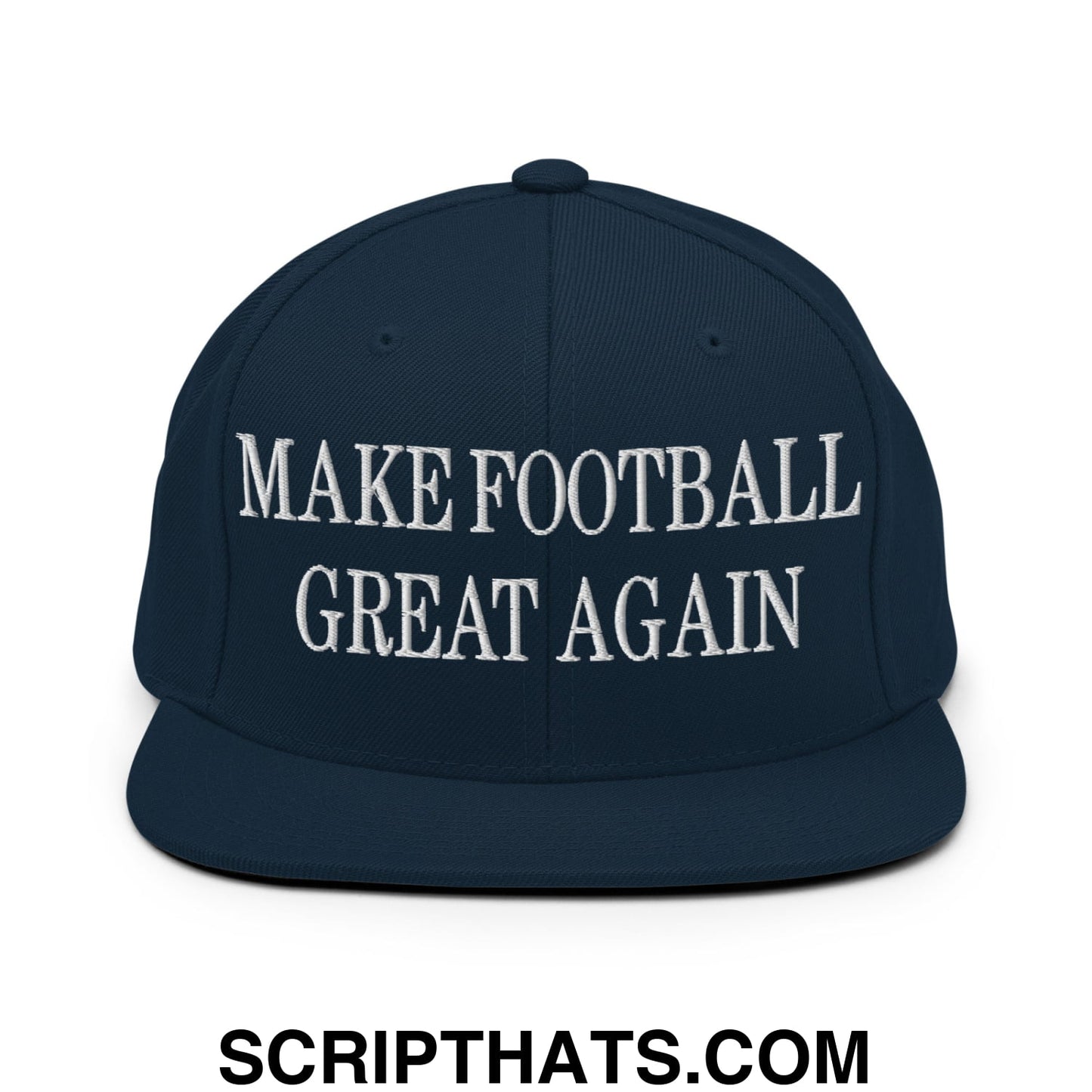 Navy blue snapback cap with white embroidered make football great again text on flat bill brim for sports fans