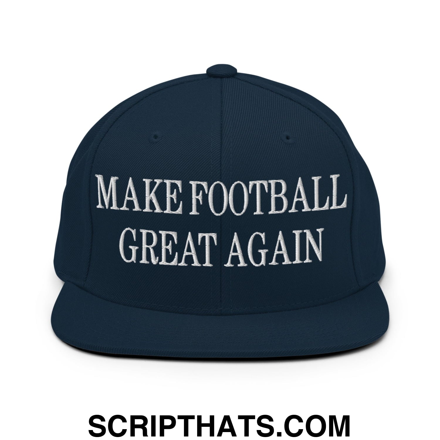 Navy blue snapback cap with white embroidered make football great again text on flat bill brim for sports fans