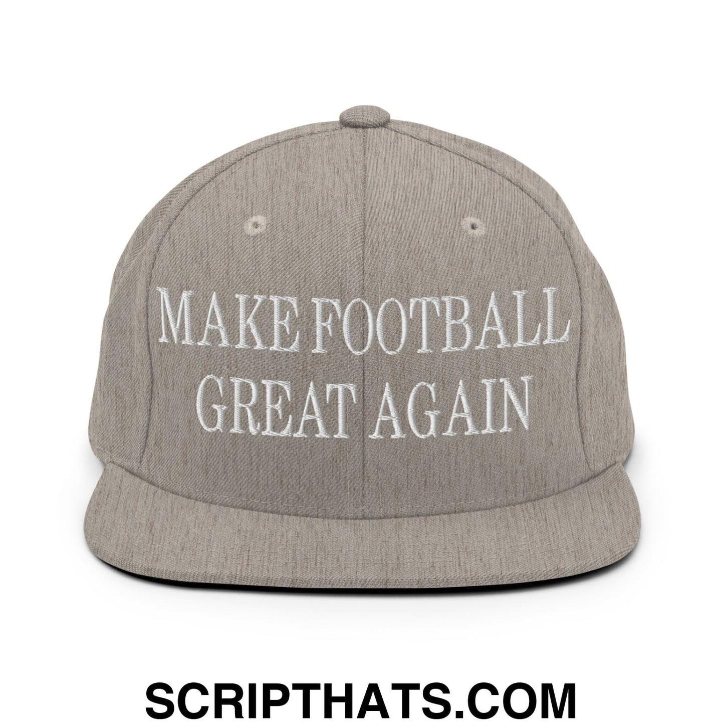 Gray snapback cap with white embroidered make football great again text and flat bill brim for casual wear