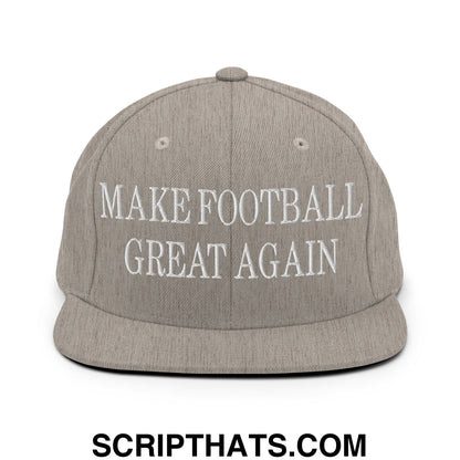 Gray snapback cap with white embroidered make football great again text and flat bill brim for casual wear