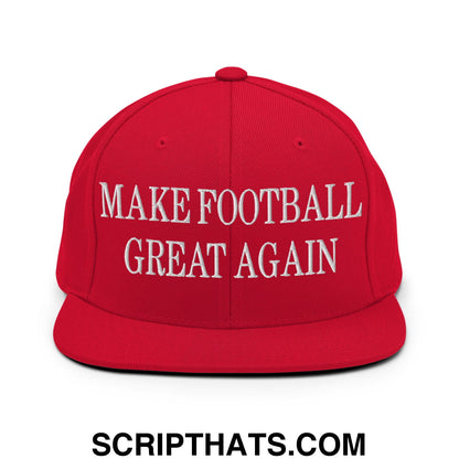 Red snapback cap with white embroidered make football great again text and flat bill brim for casual wear