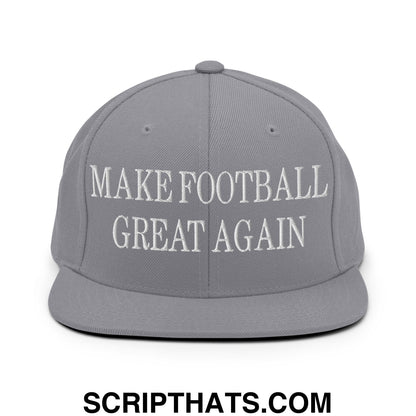 Gray snapback cap with white embroidered make football great again text and flat bill brim for casual wear