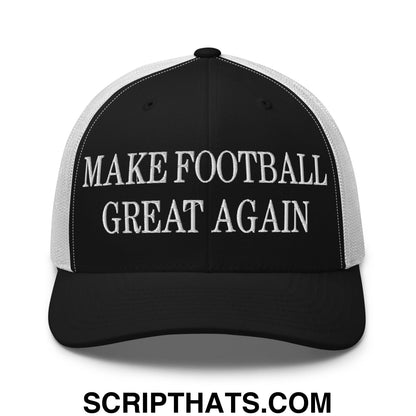 Black and white embroidered mesh trucker hat with make football great again text in bold capital letters