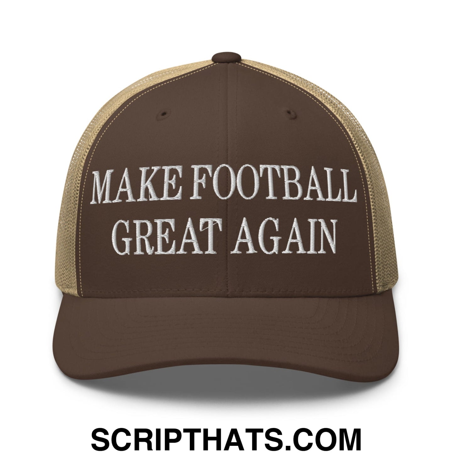 Brown and tan mesh trucker hat with white embroidered make football great again text on the front panel