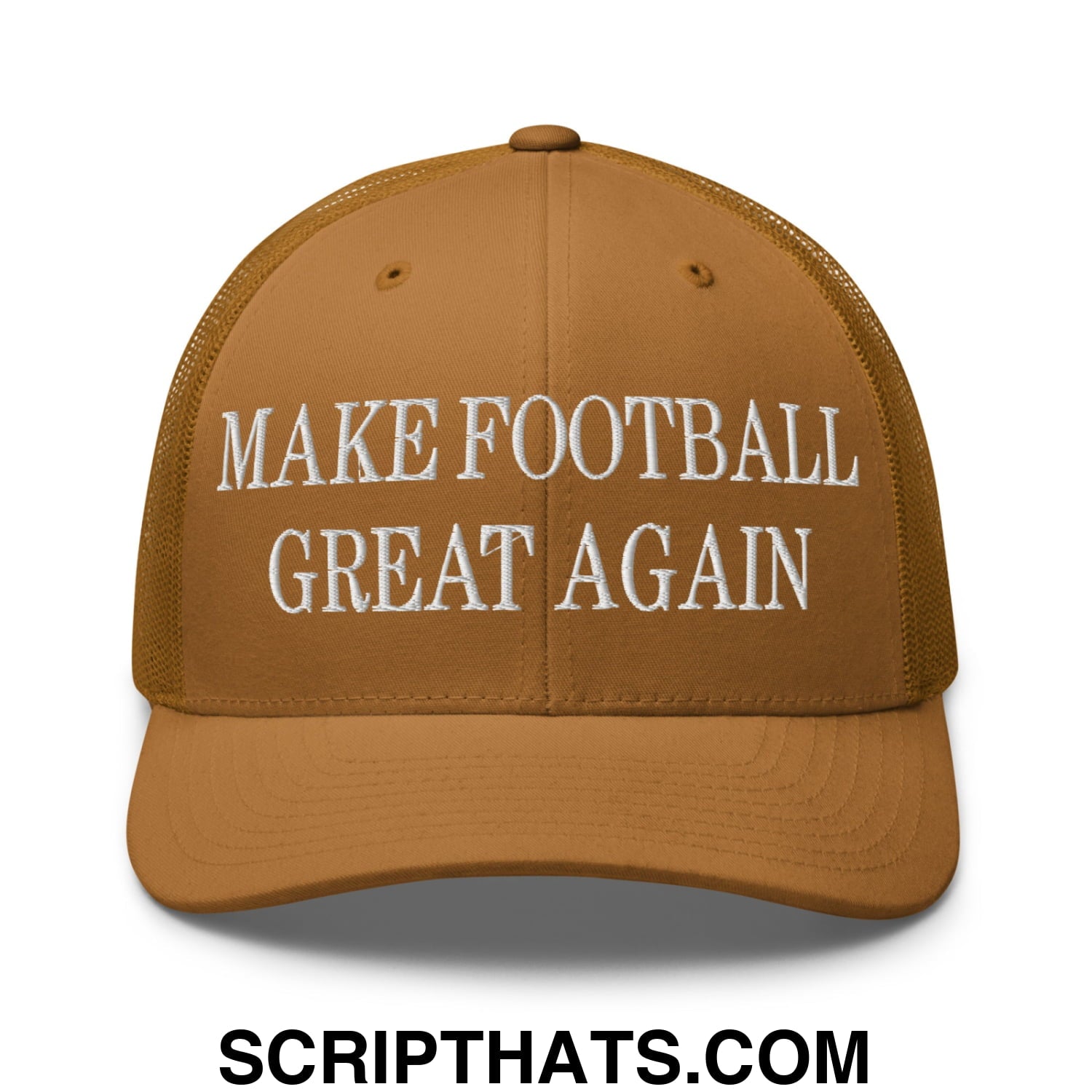 Tan mesh trucker hat with white embroidered make football great again text on the front panel