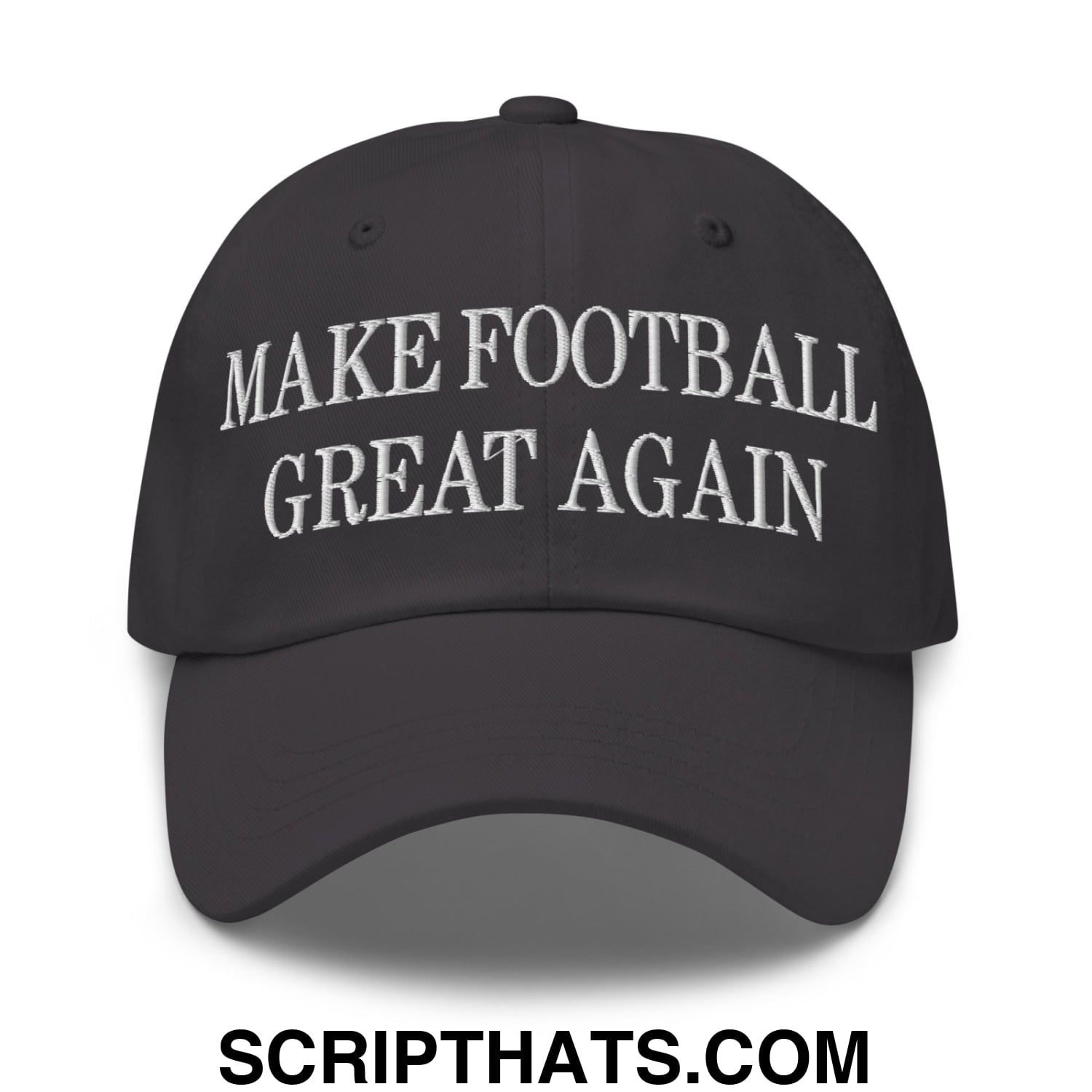 Black unstructured dad hat with white embroidered make football great again text in a casual style