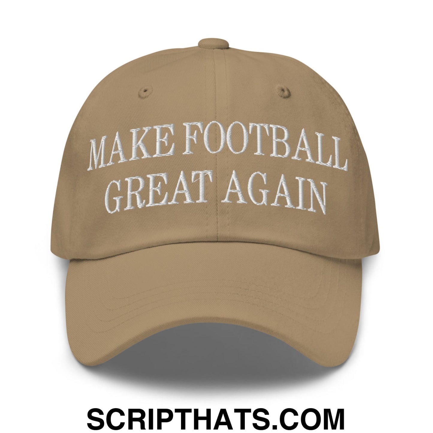 Tan unstructured dad hat with white embroidered make football great again text designed for football fans