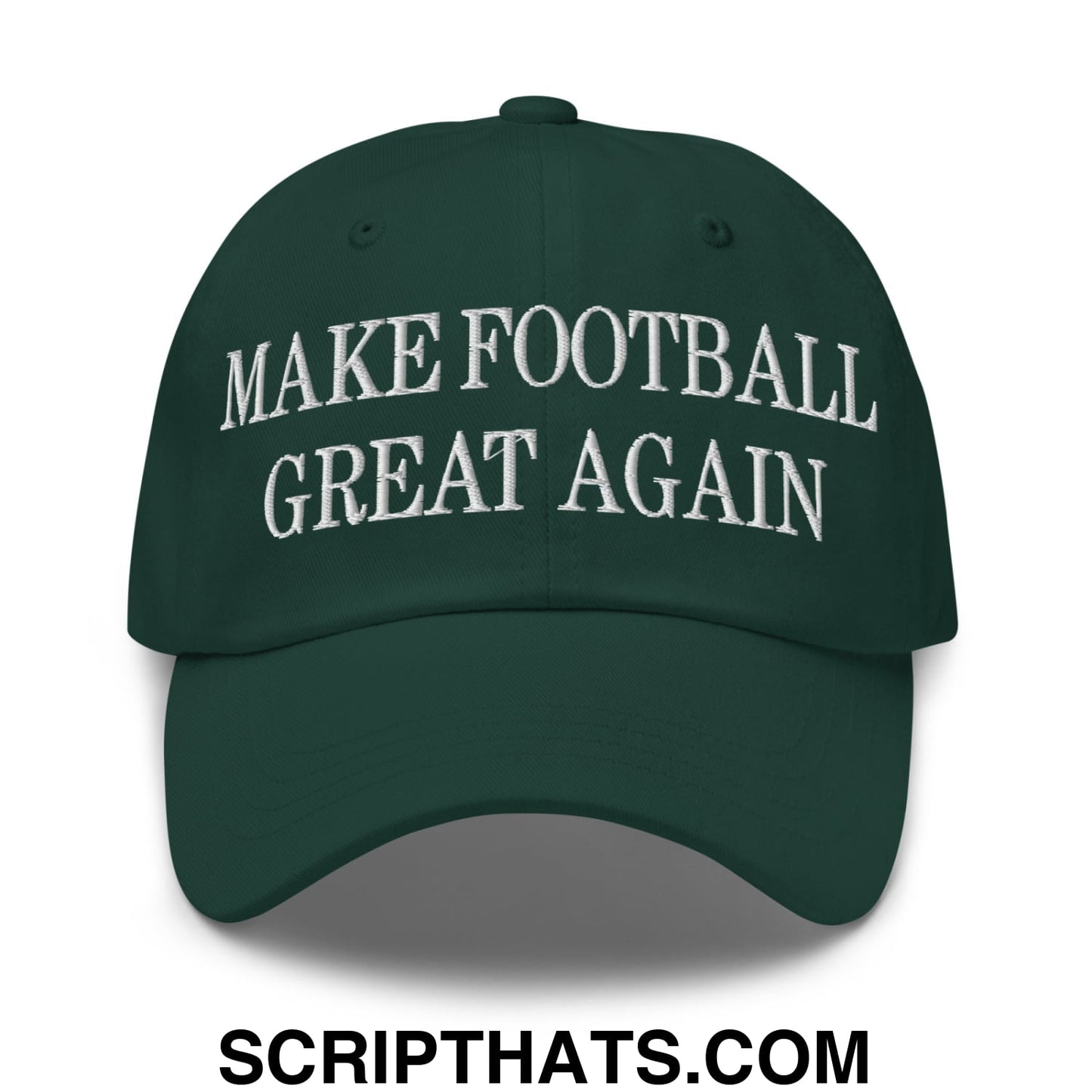 Dark green embroidered unstructured dad hat with white make football great again text for casual wear
