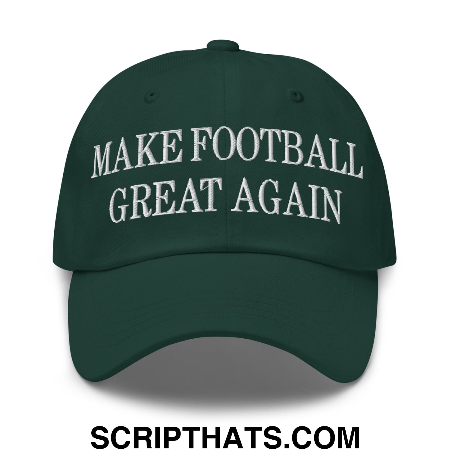 Dark green embroidered unstructured dad hat with white make football great again text for casual wear