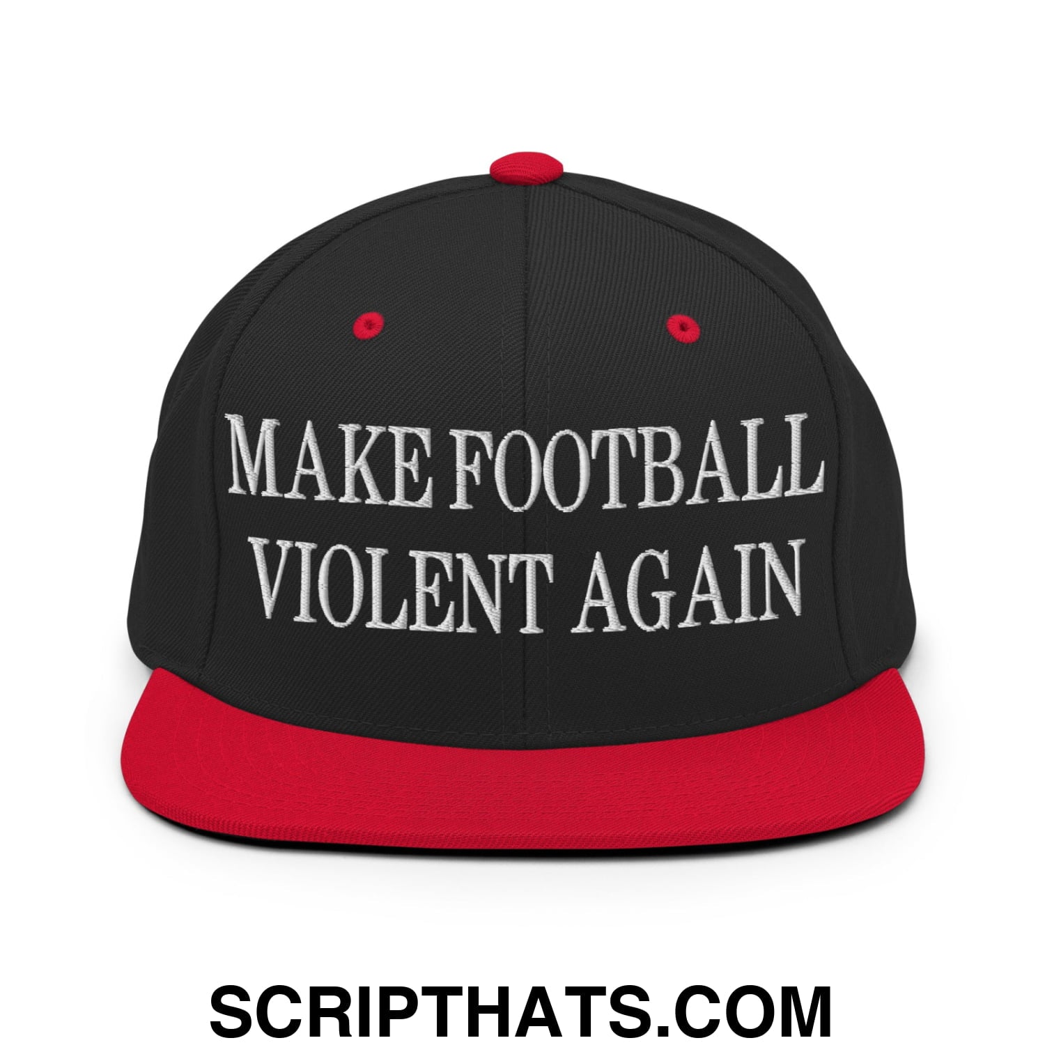 Black and red snapback hat with white embroidered text make football violent again and a flat bill brim