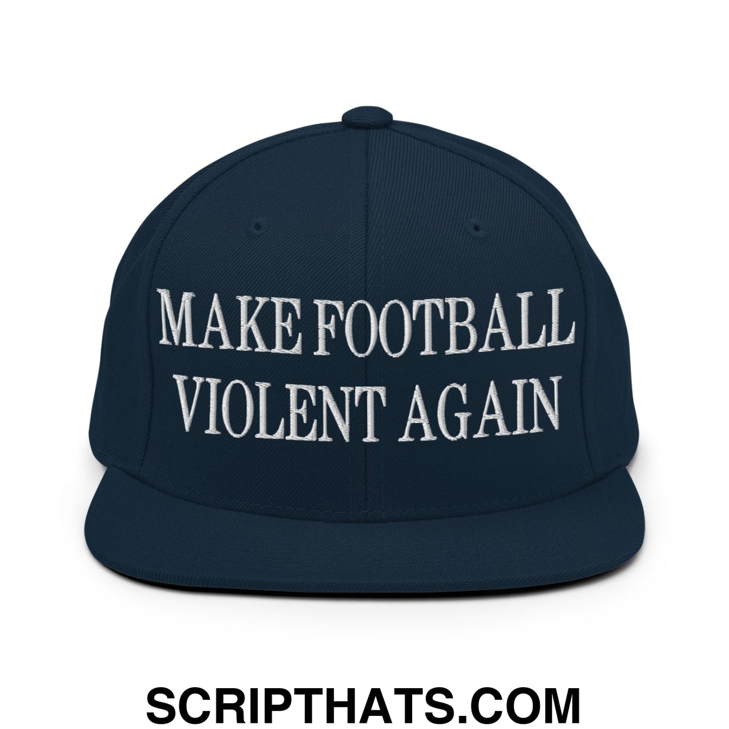 Navy blue snapback hat with white embroidered text make football violent again and flat bill brim design