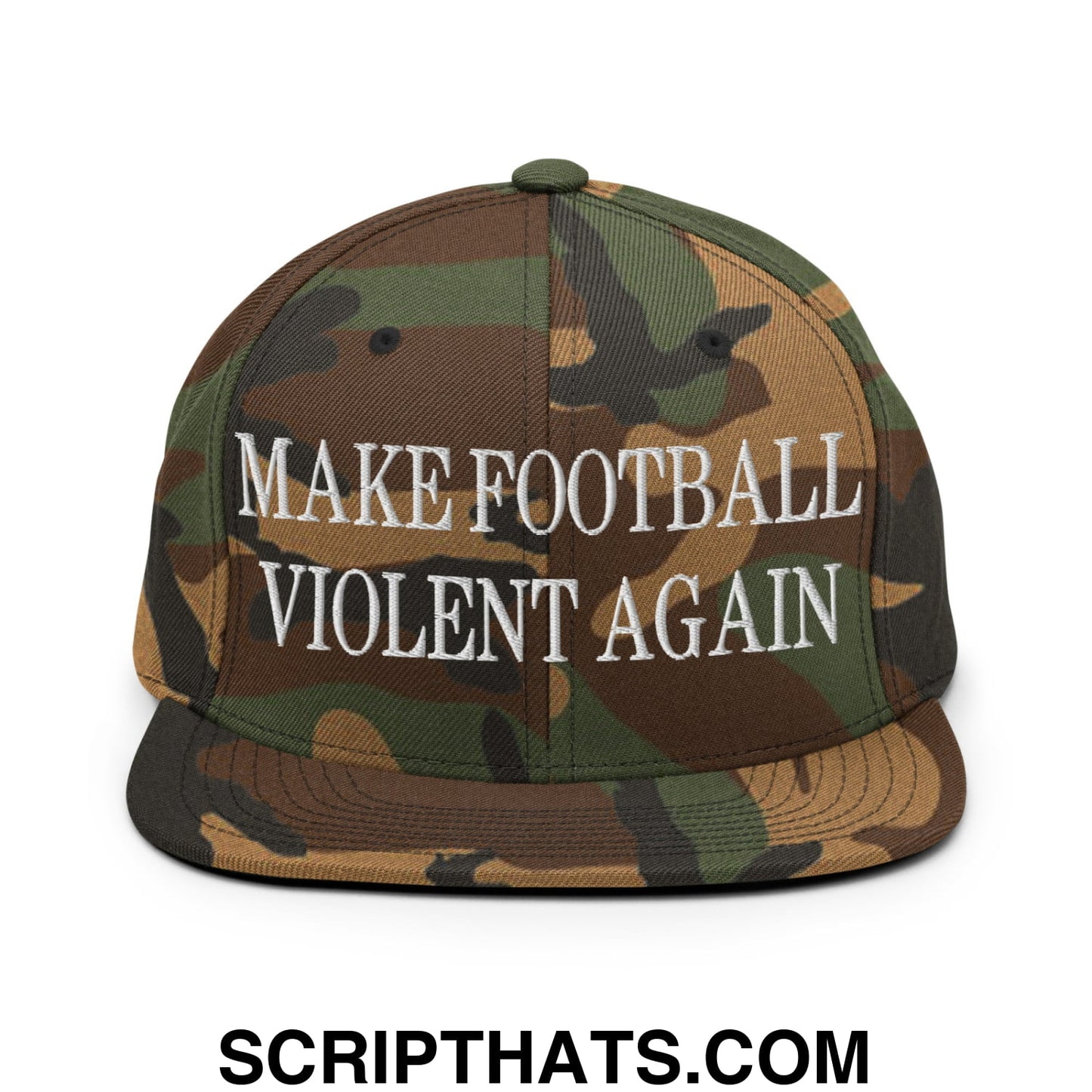 A camouflage-patterned flat bill snapback hat with white embroidered text make football violent again