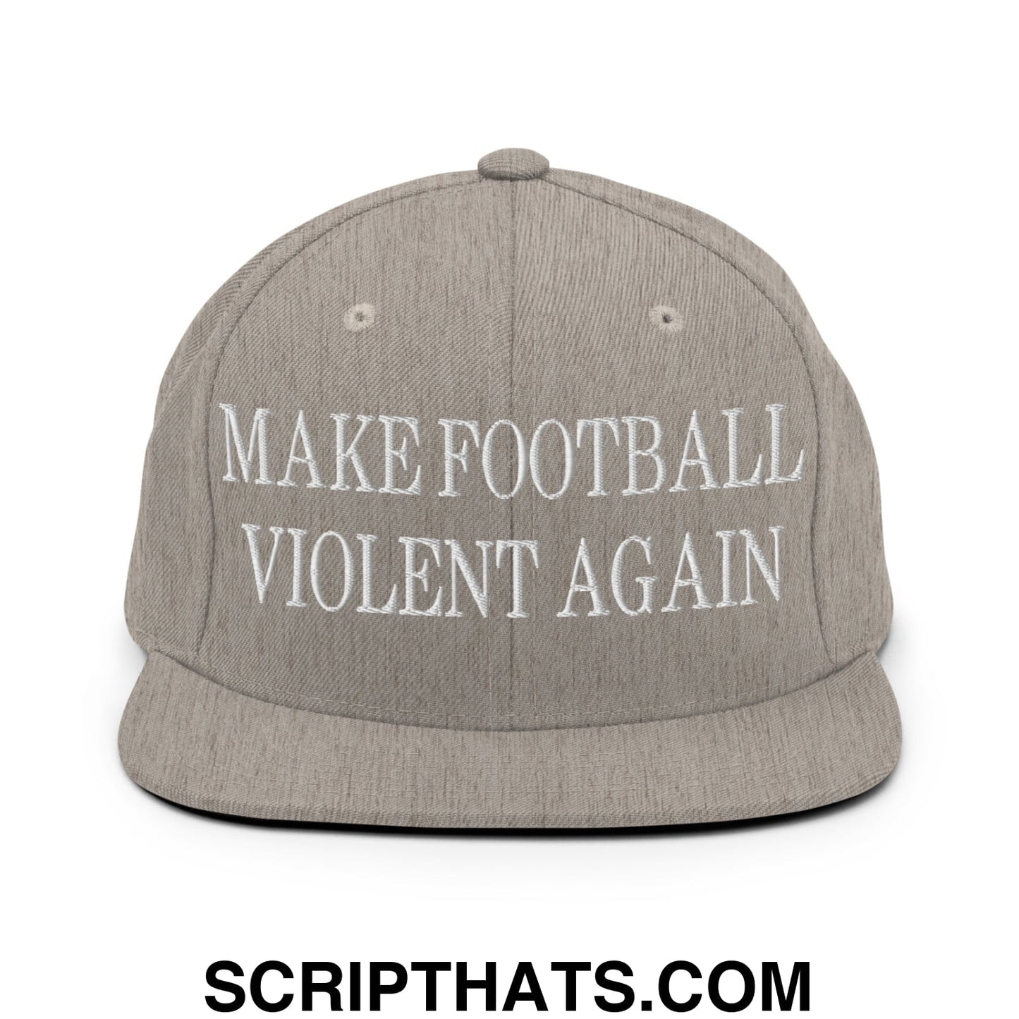 Gray flat bill brim snapback hat with white embroidered make football violent again text for football fans