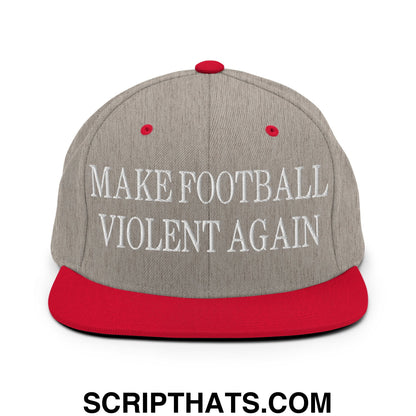Gray snapback cap with red brim and button featuring white embroidered make football violent again text