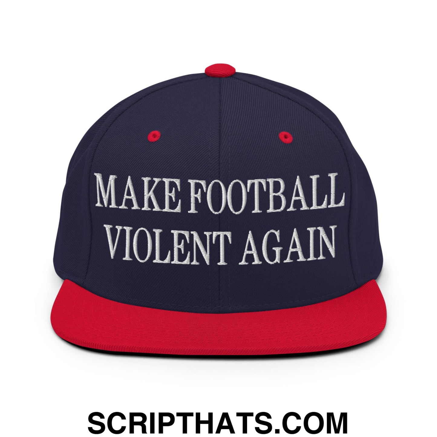 Navy blue snapback hat with red brim and white embroidered text make football violent again flat bill brim design