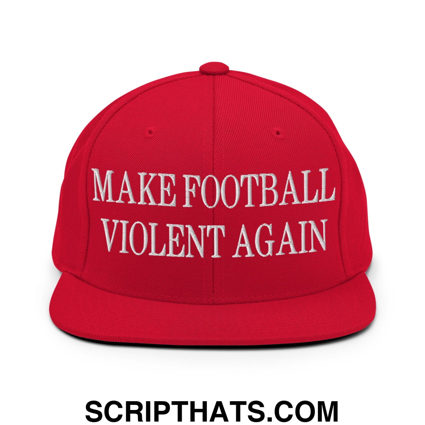 Red snapback cap with white embroidered text make football violent again and flat bill brim