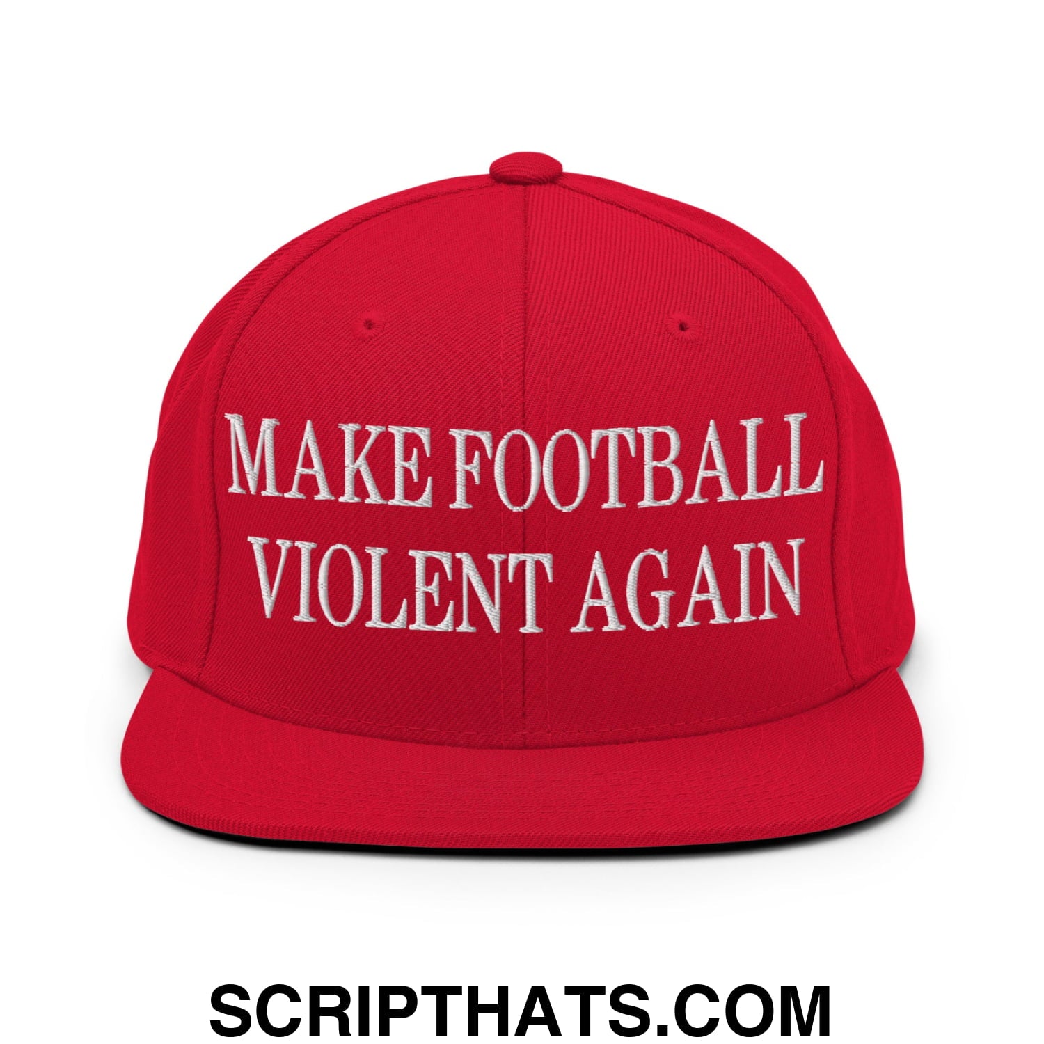 Red snapback cap with white embroidered text make football violent again and flat bill brim