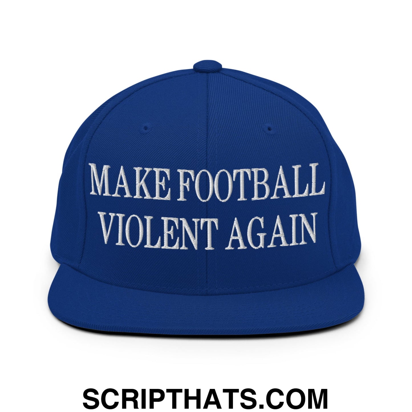 Royal blue snapback hat with white embroidered make football violent again text and flat bill brim design
