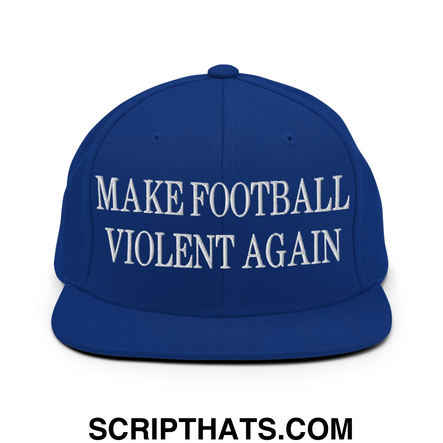 Royal blue snapback hat with white embroidered make football violent again text and flat bill brim design