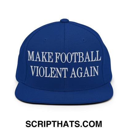 Royal blue snapback hat with white embroidered make football violent again text and flat bill brim design