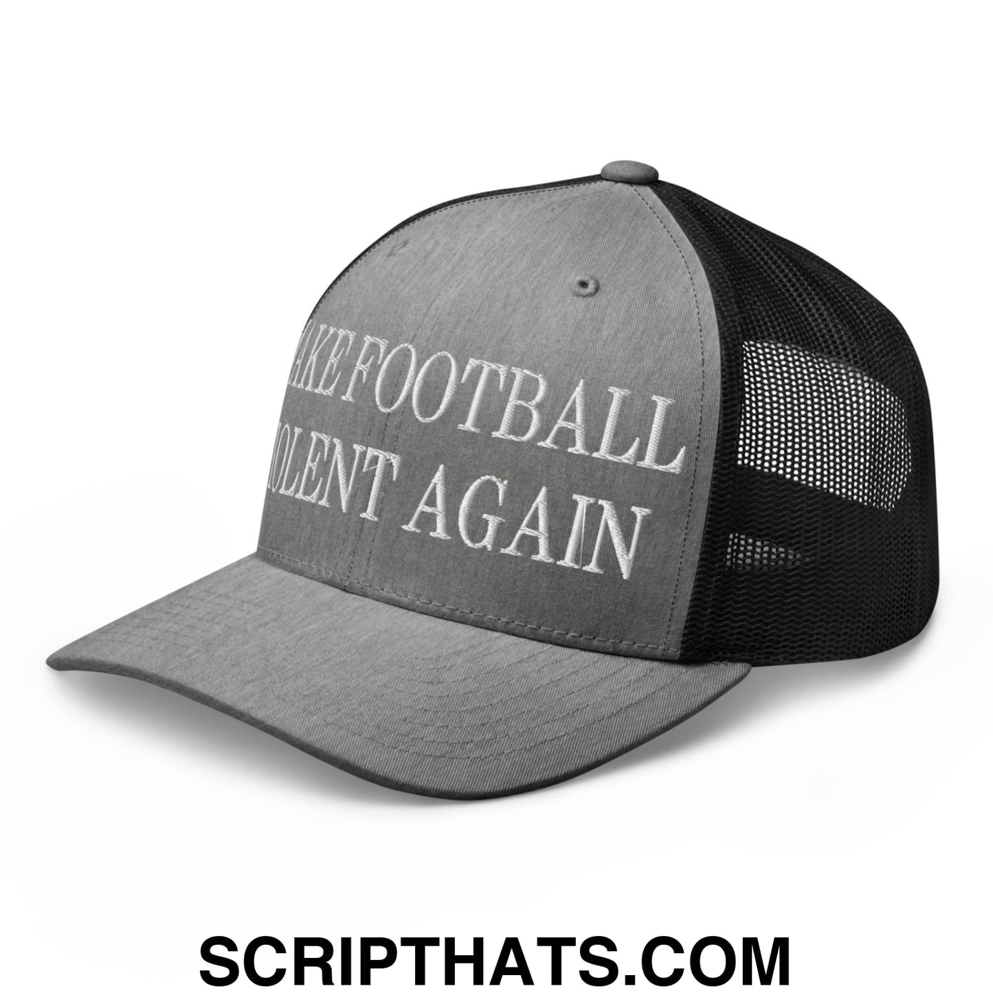 Gray and black mesh trucker hat with white embroidered text make football violent again on the front panel