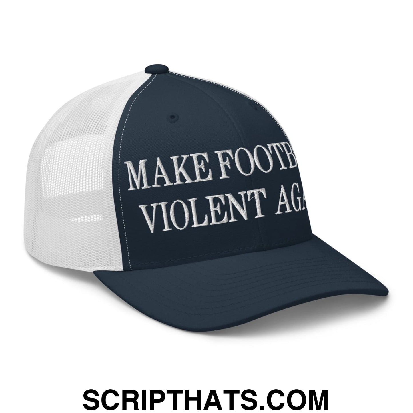 Navy blue and white embroidered mesh trucker hat with bold make football violent again text in uppercase letters