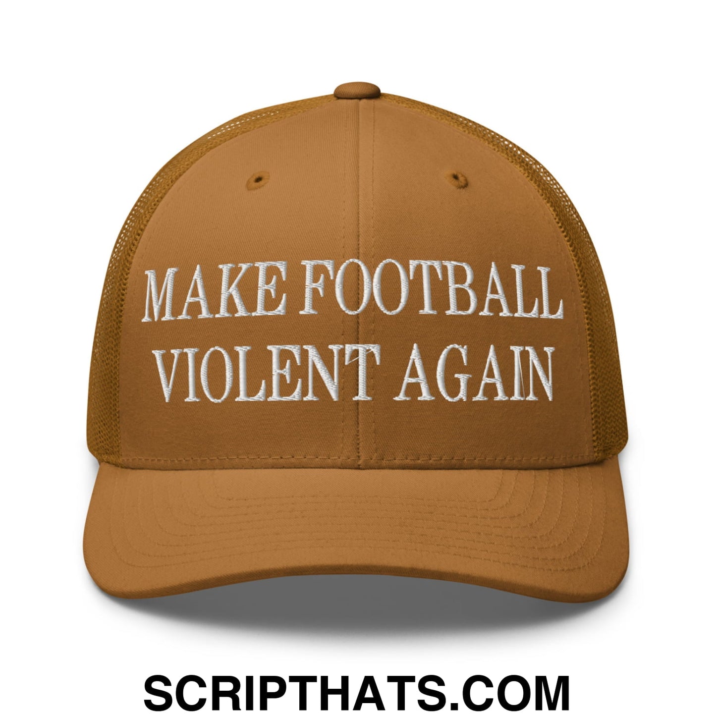 Tan mesh trucker hat with white embroidered make football violent again text on front panel