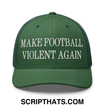 Green mesh trucker hat with white embroidered text make football violent again across the front panel