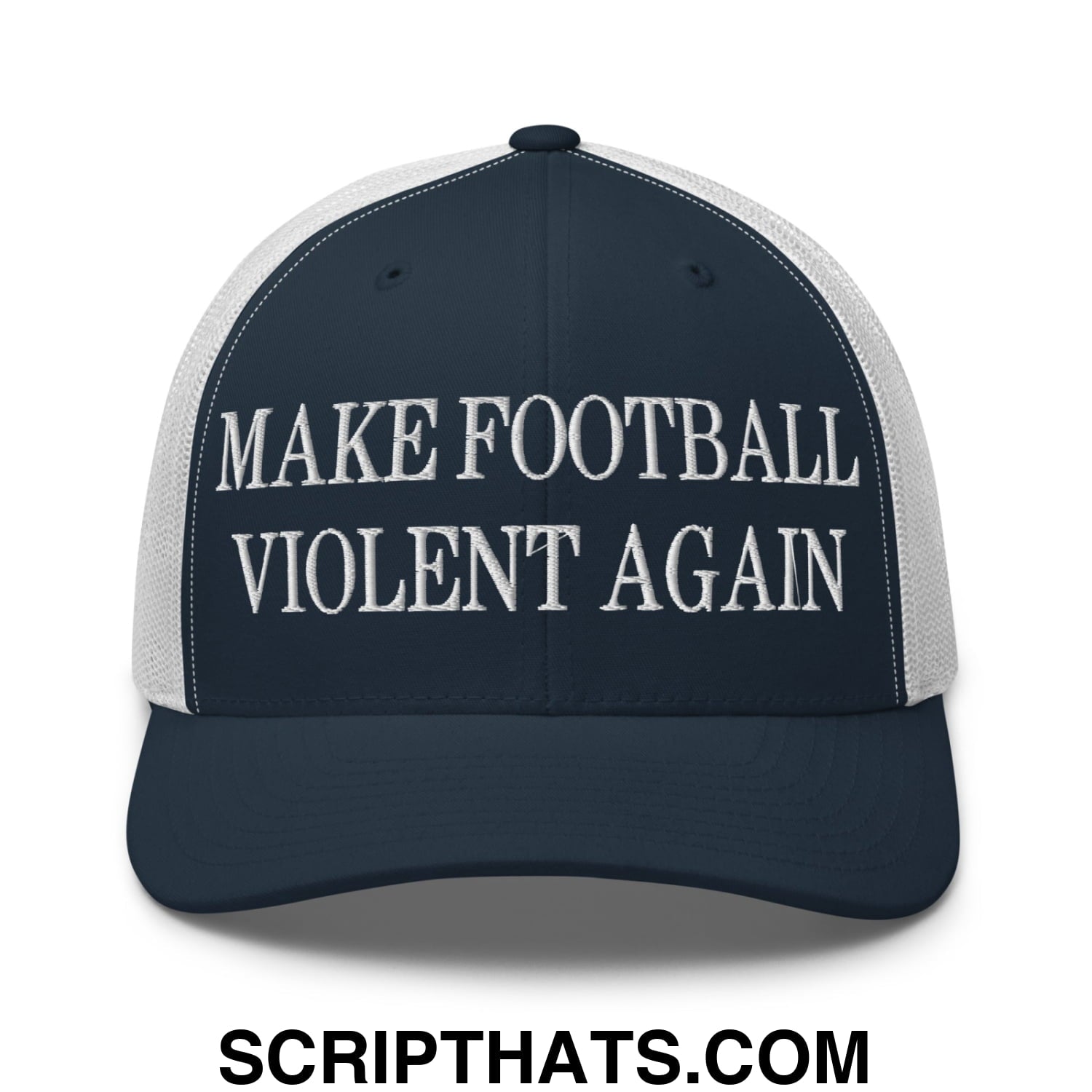 Navy blue and white mesh trucker hat with embroidered make football violent again text front for sports fans