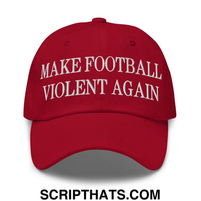 A red embroidered make football violent again unstructured dad hat with white text for casual wear