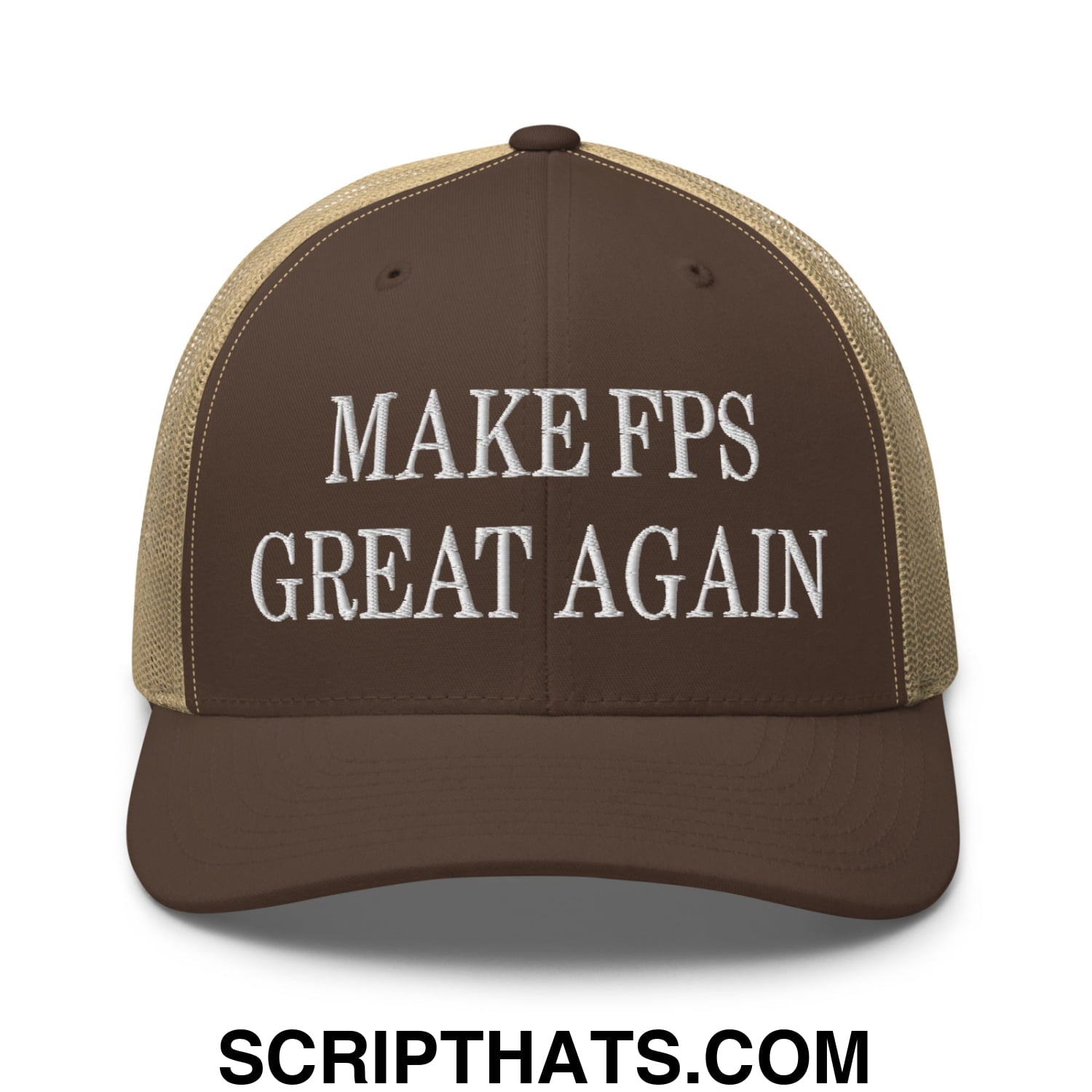 Make FPS Great Again Embroidered Mesh Trucker Hat Brown Khaki