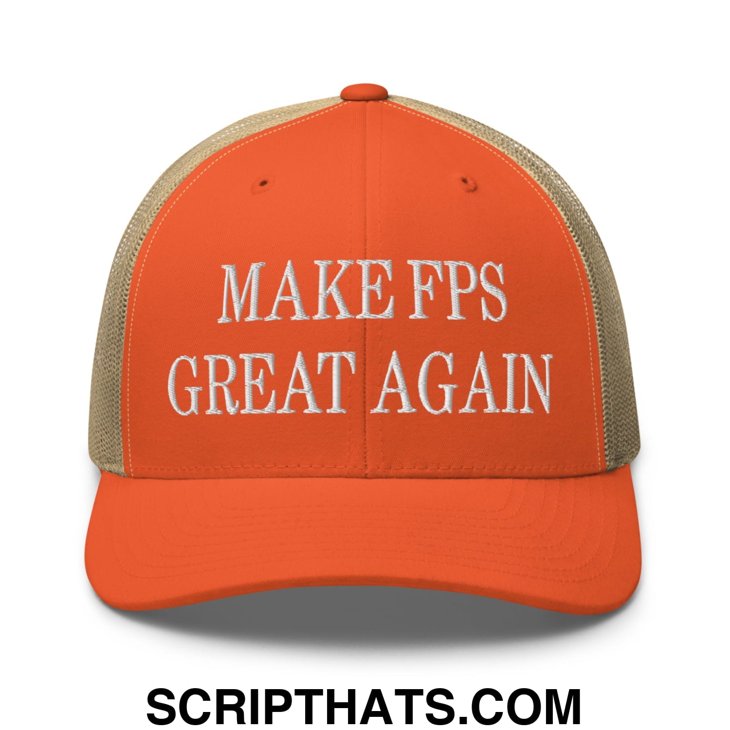 Make FPS Great Again Embroidered Mesh Trucker Hat Rustic Orange Khaki