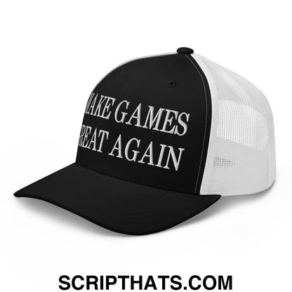 Black and white mesh trucker hat with make games great again embroidered in silver thread on the front