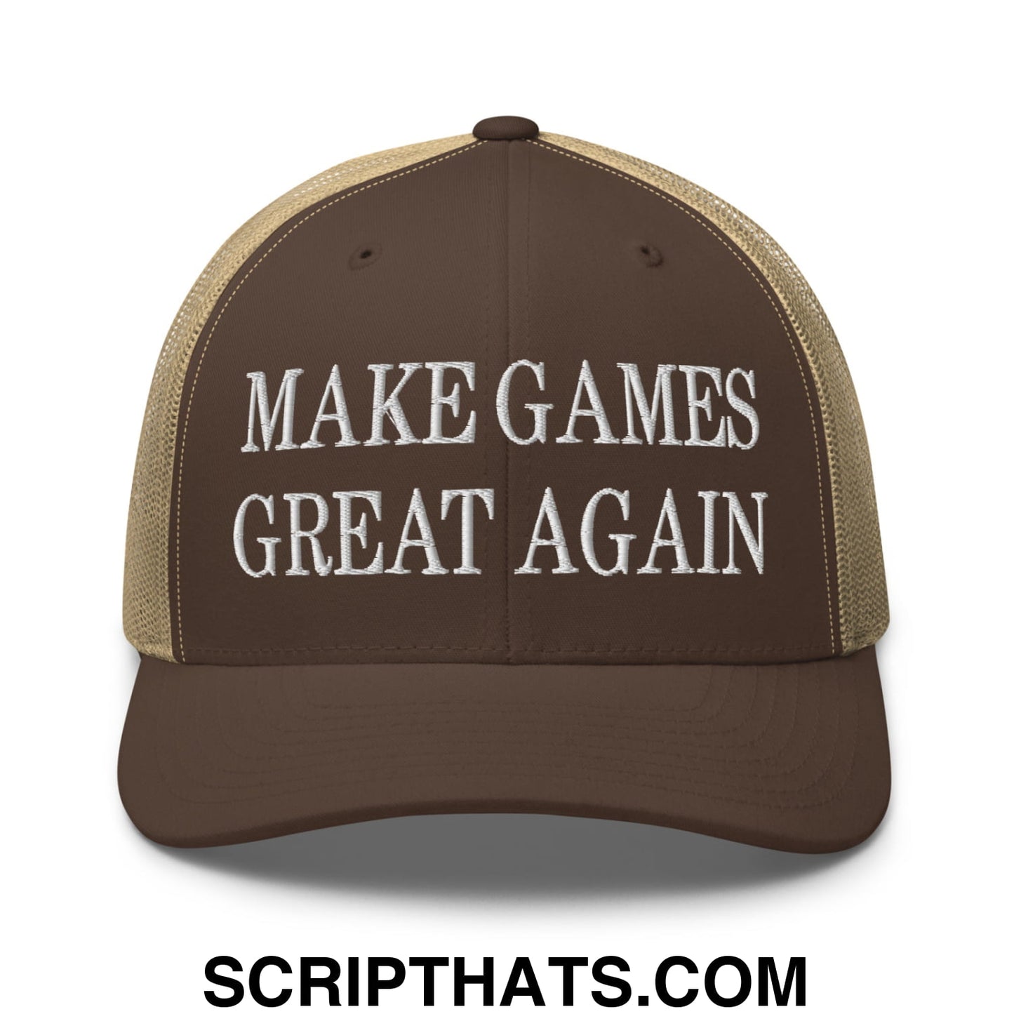 Brown and tan mesh trucker hat with white embroidered make games great again text on front panel