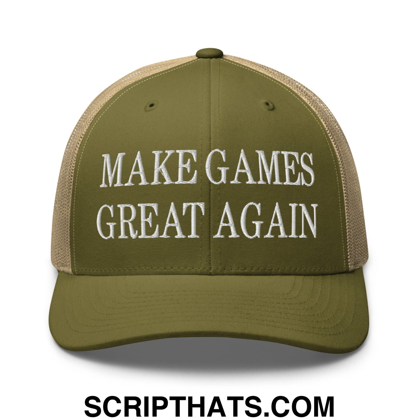 Olive green mesh trucker hat with white embroidered make games great again text on the front panel