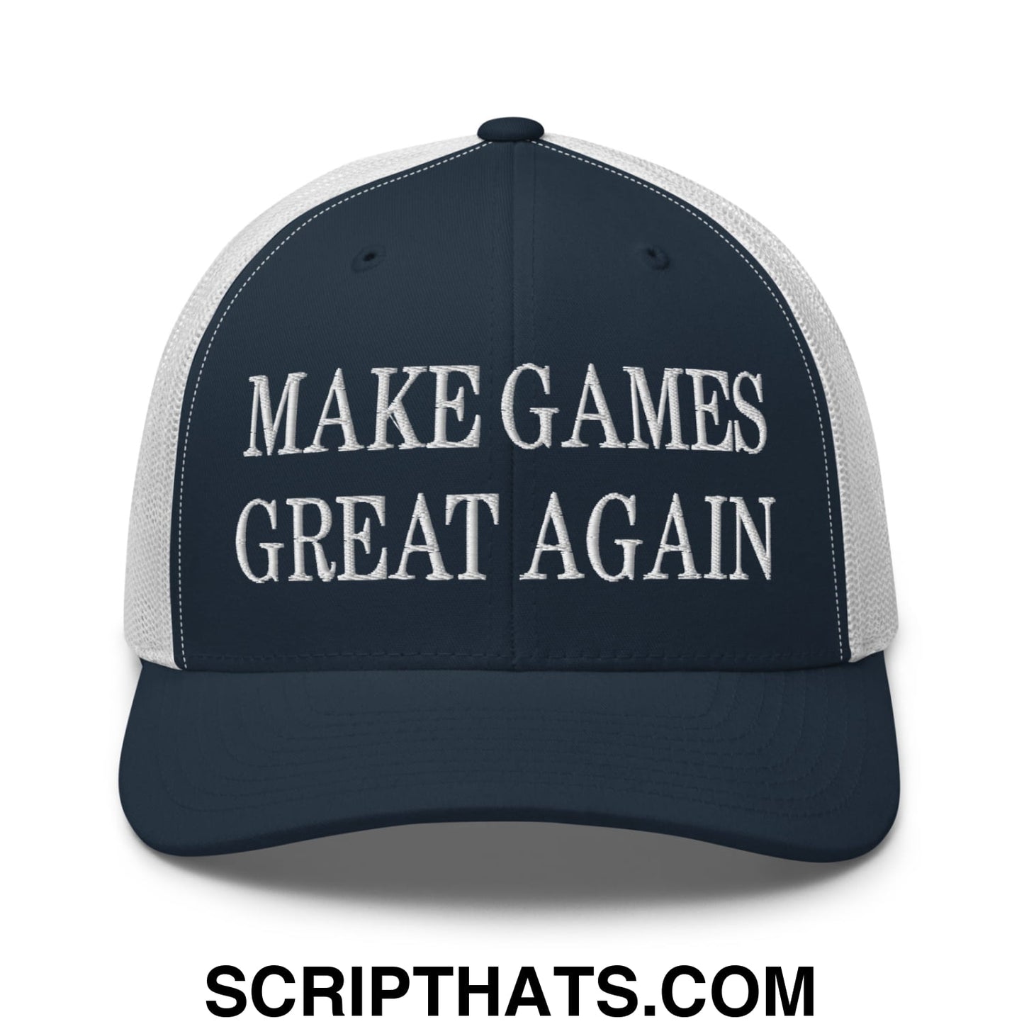 Navy blue and white mesh trucker hat with embroidered make games great again text in bold uppercase font
