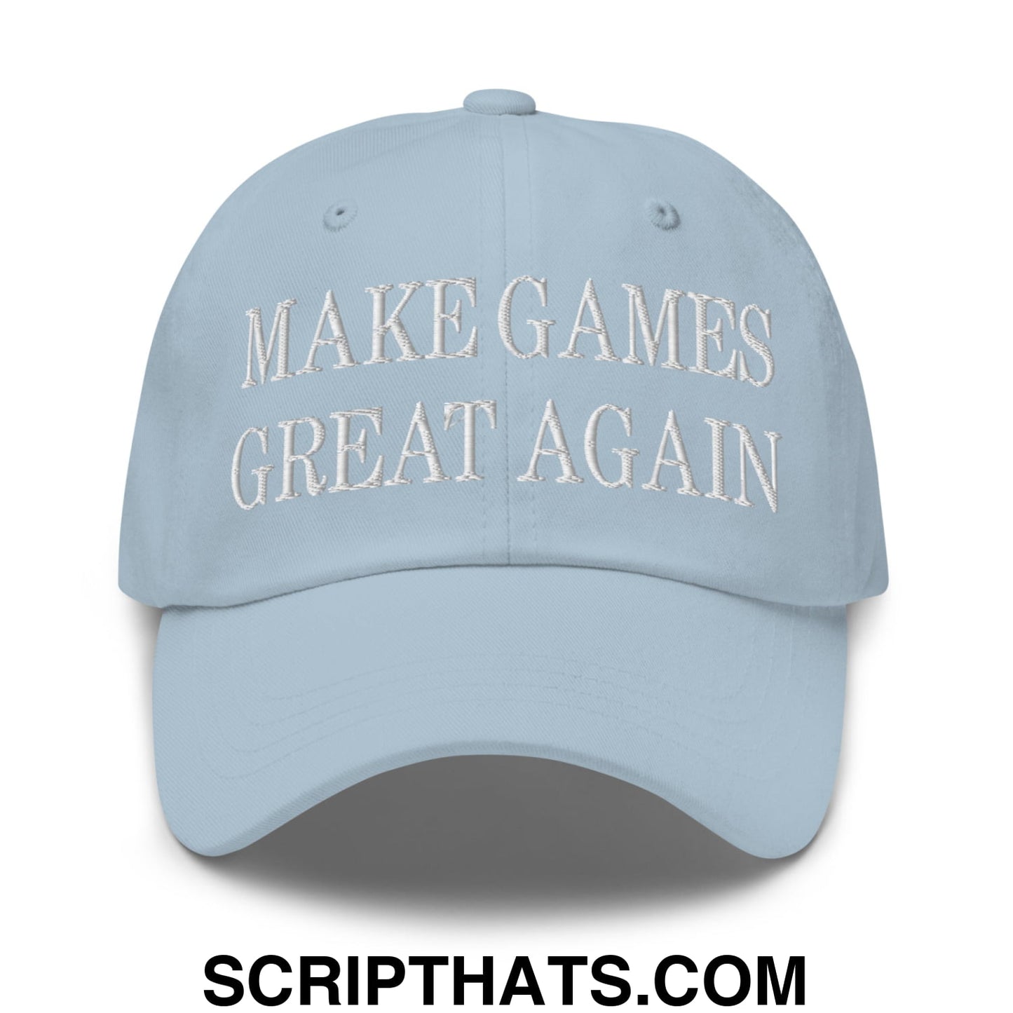 Light blue unstructured dad hat with white embroidered make games great again text on front