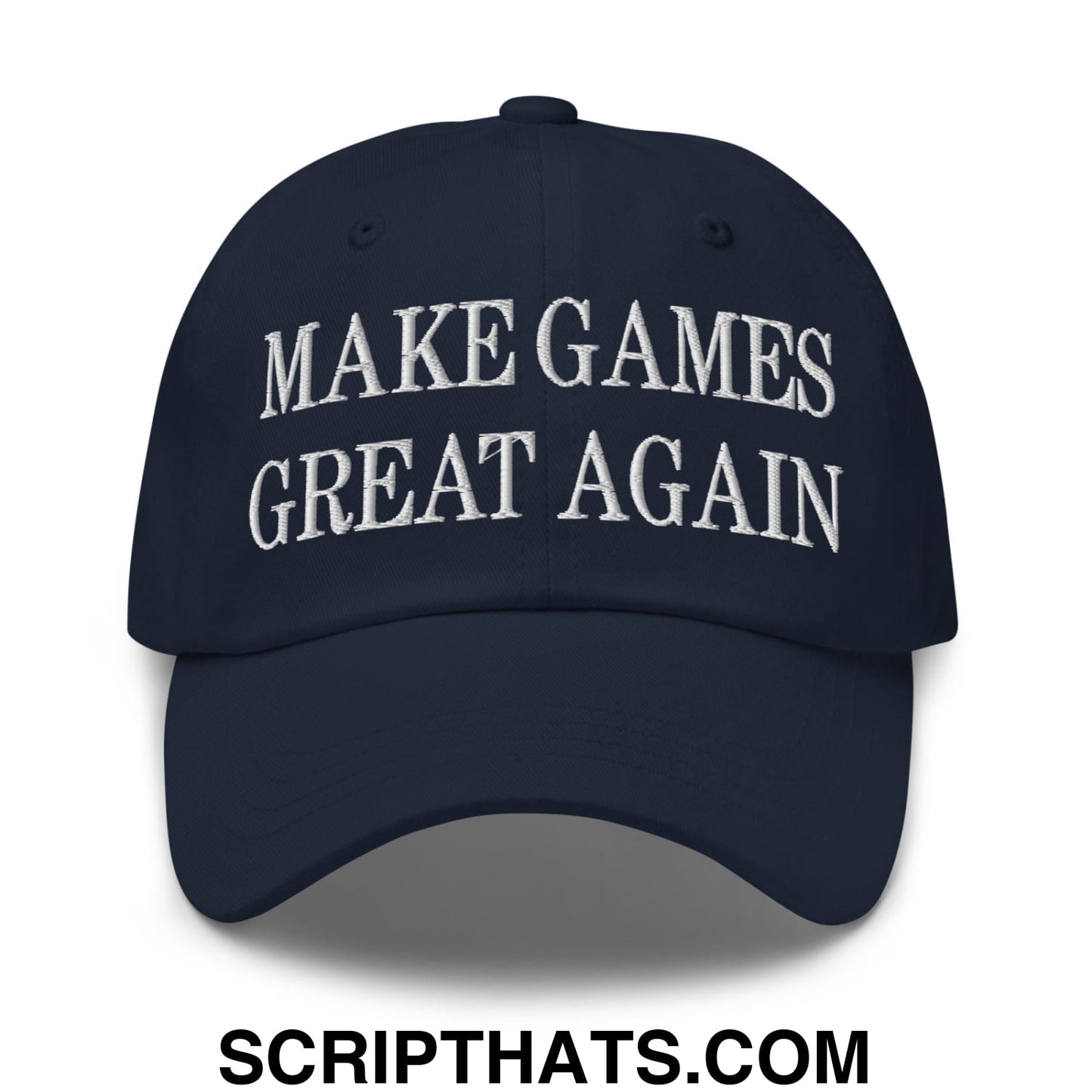 Navy blue unstructured dad hat featuring white embroidered text make games great again for casual wear