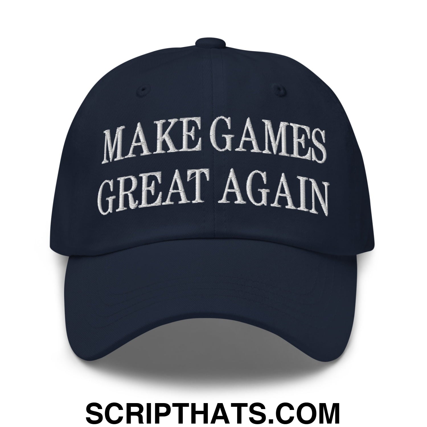 Navy blue unstructured dad hat featuring white embroidered text make games great again for casual wear