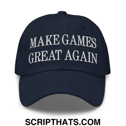 Navy blue unstructured dad hat featuring white embroidered text make games great again for casual wear