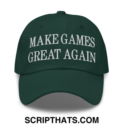 Dark green unstructured dad hat embroidered with white text make games great again for casual wear