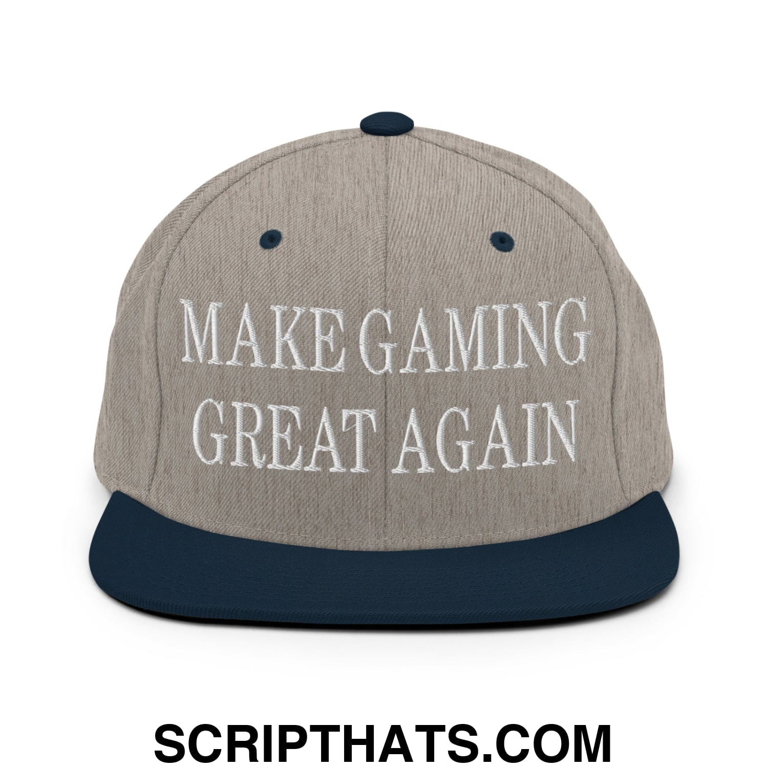 Make Gaming Great Again Embroidered Flat Bill Brim Snapback Hat Heather Grey Navy