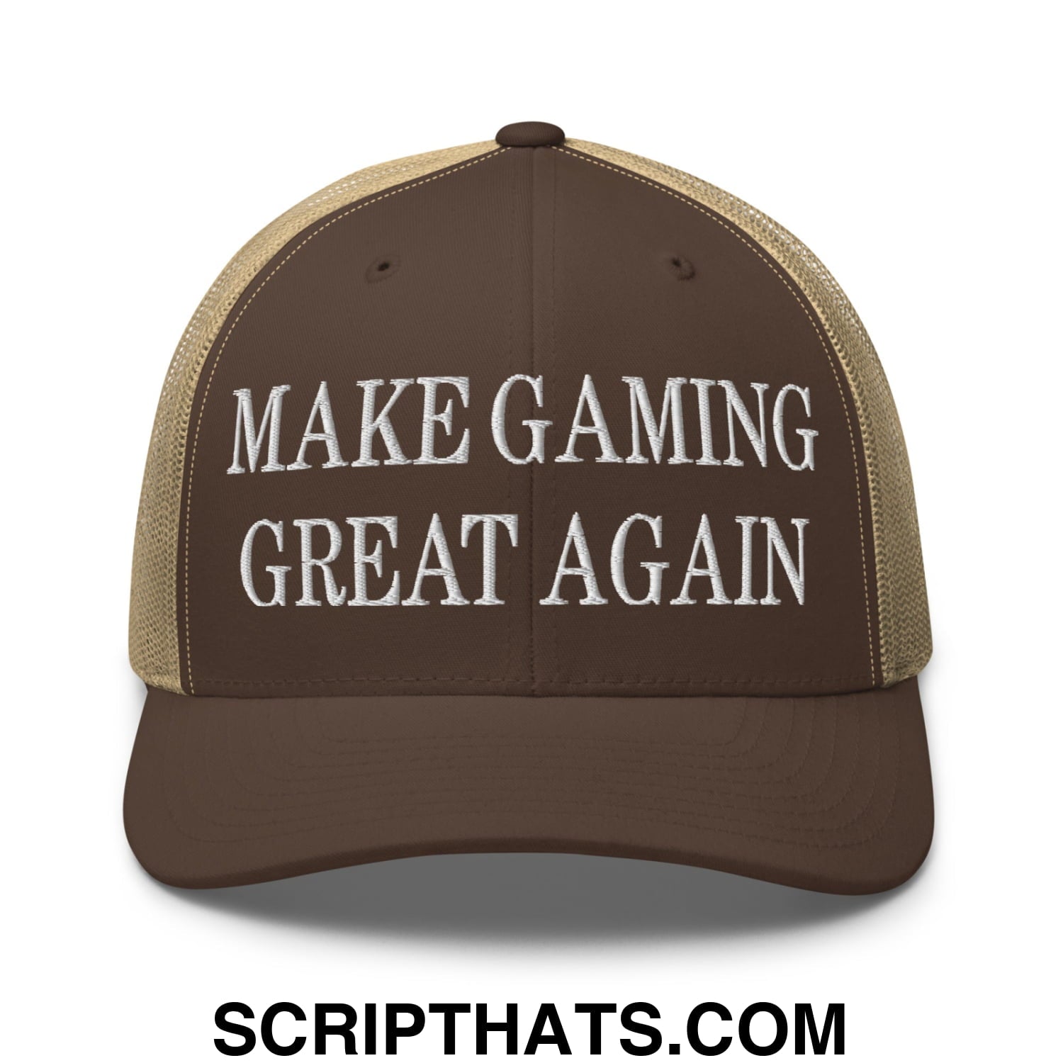 Make Gaming Great Again Embroidered Mesh Trucker Hat Brown Khaki