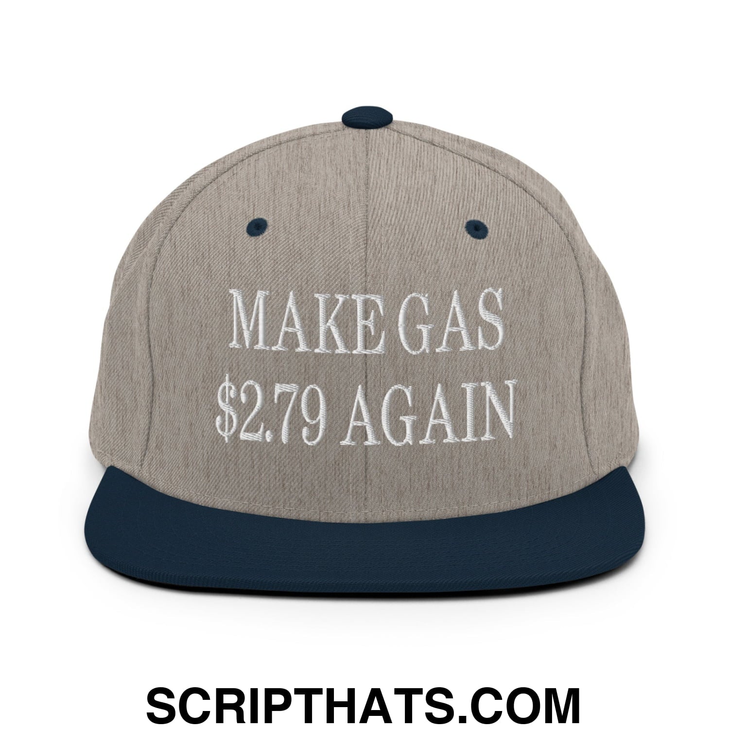 Make Gas $2.79 Again Embroidered Flat Bill Brim Snapback Hat Heather Grey Navy
