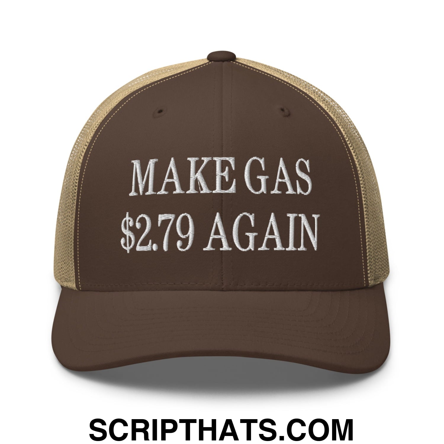 Make Gas $2.79 Again Embroidered Mesh Trucker Hat Brown Khaki