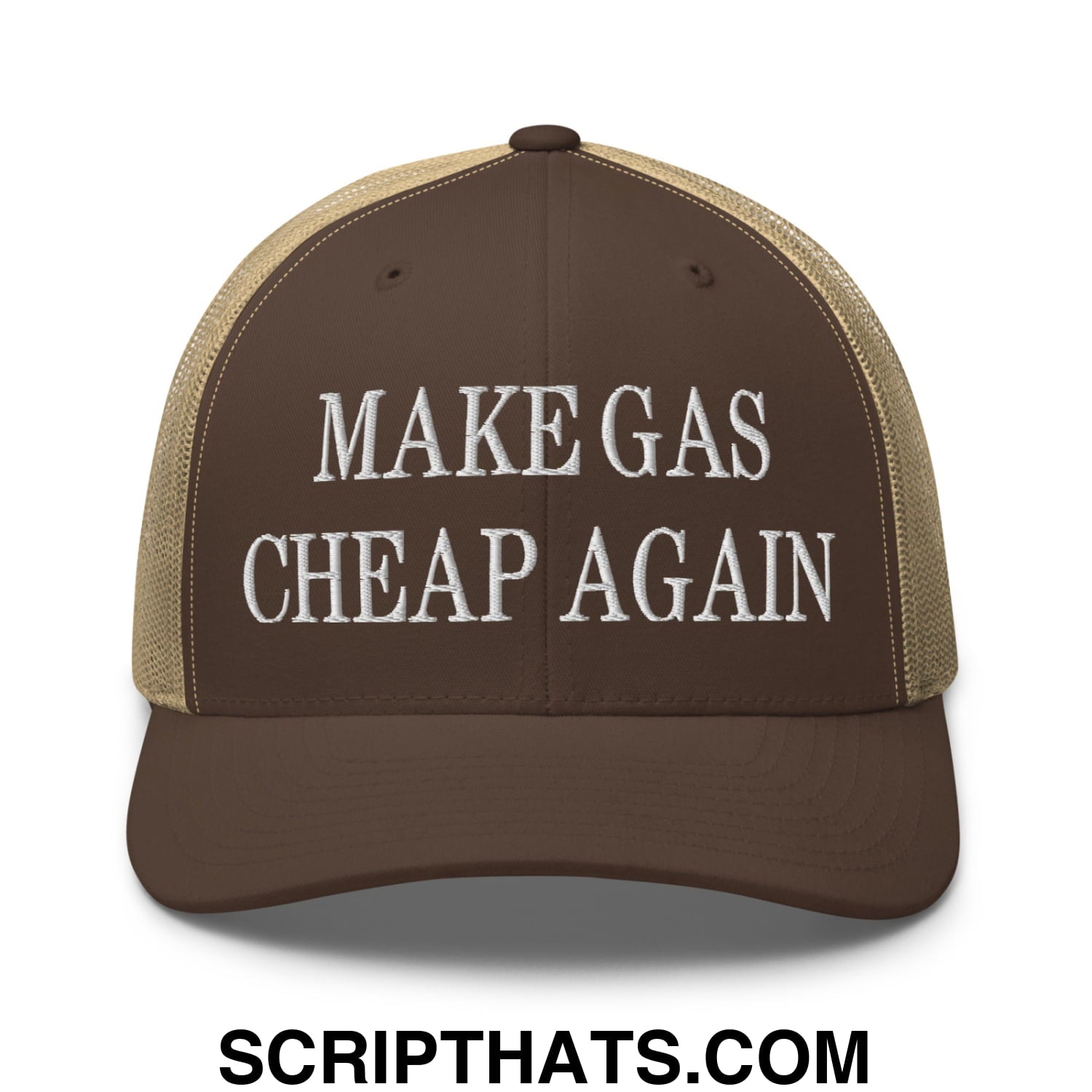 Make Gas Cheap Again Embroidered Mesh Trucker Hat Brown Khaki